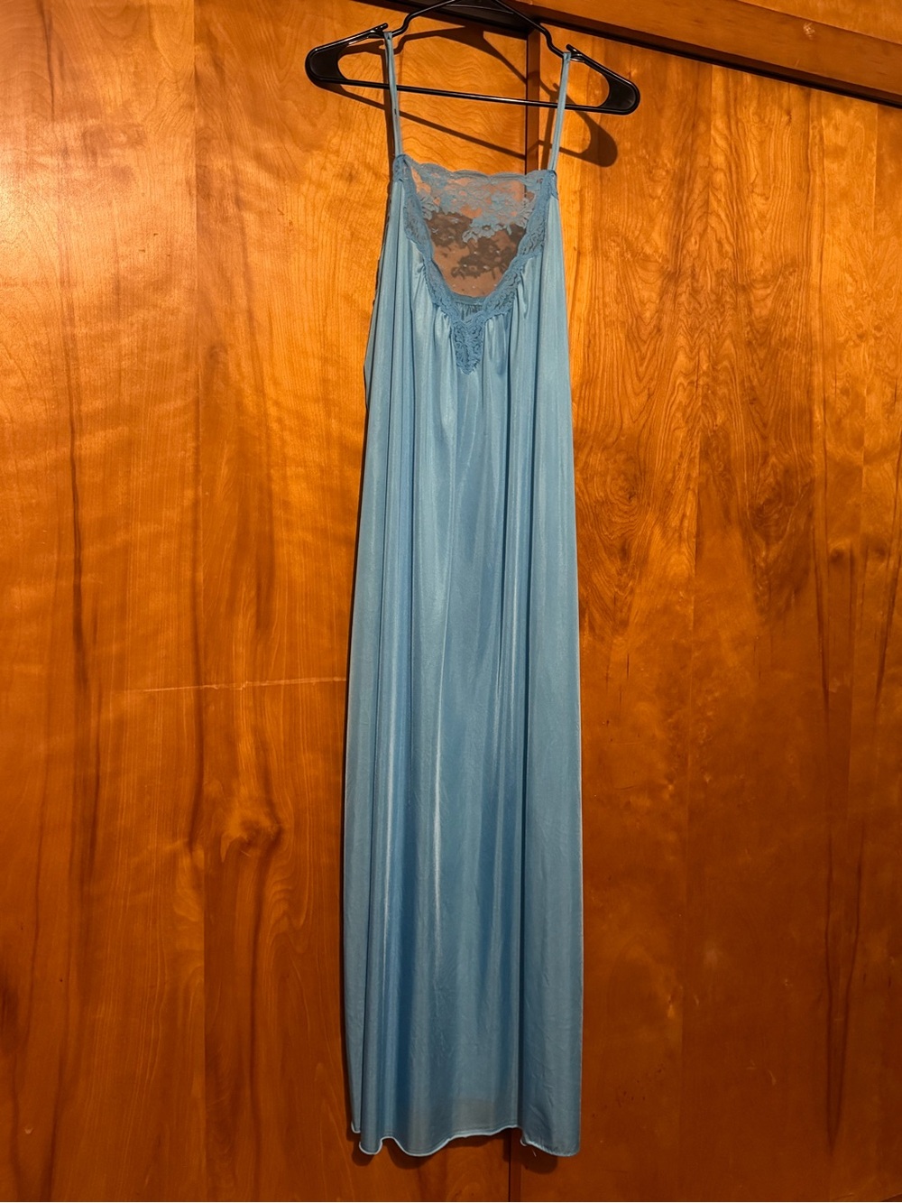 Vintage 1970s Lorraine Slip Lingerie Dress Nightgown Side Slit Nylon Lace Blue